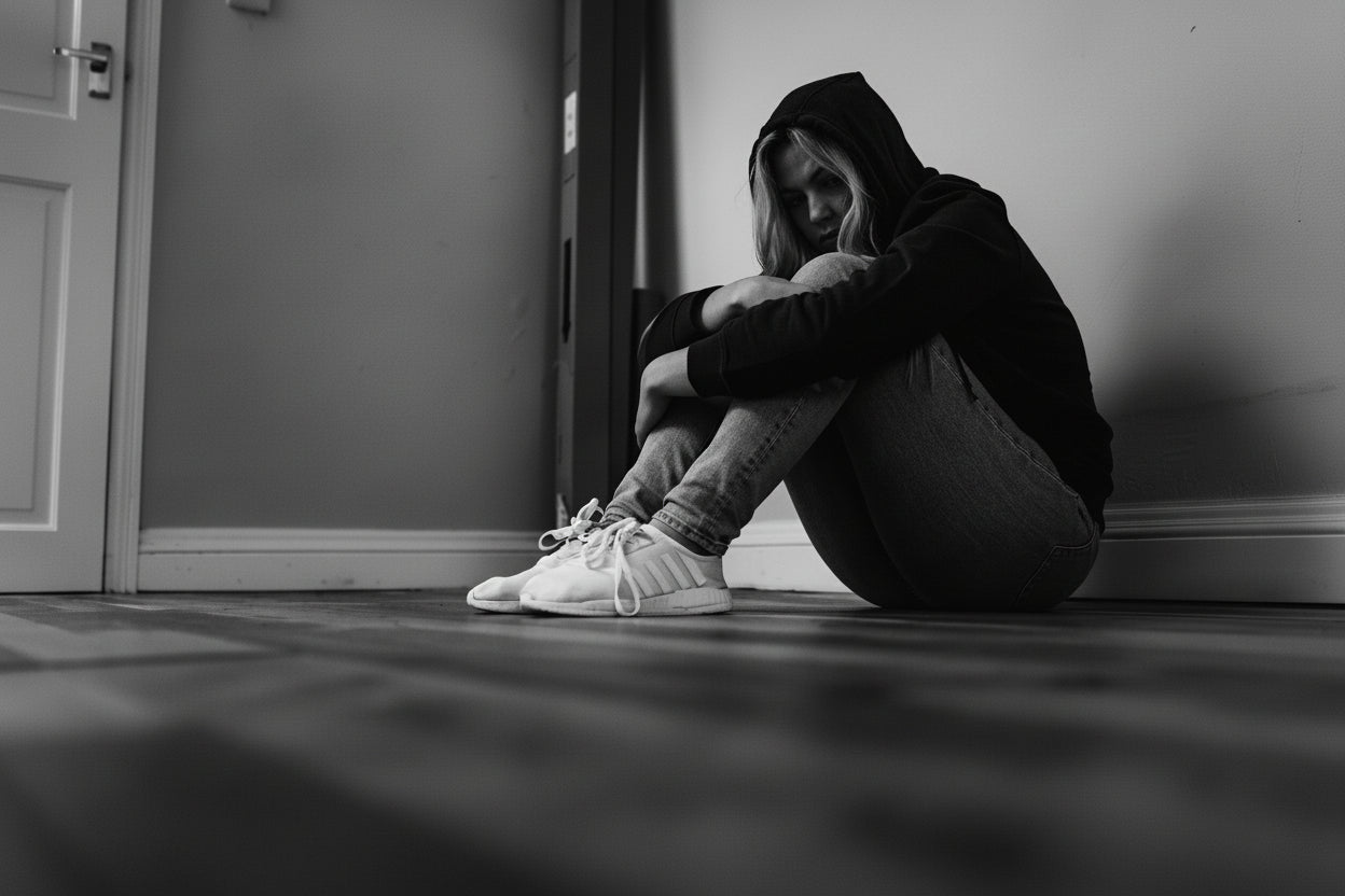 Person sitting on the floor with a hooded jacket in a minimalistic room.